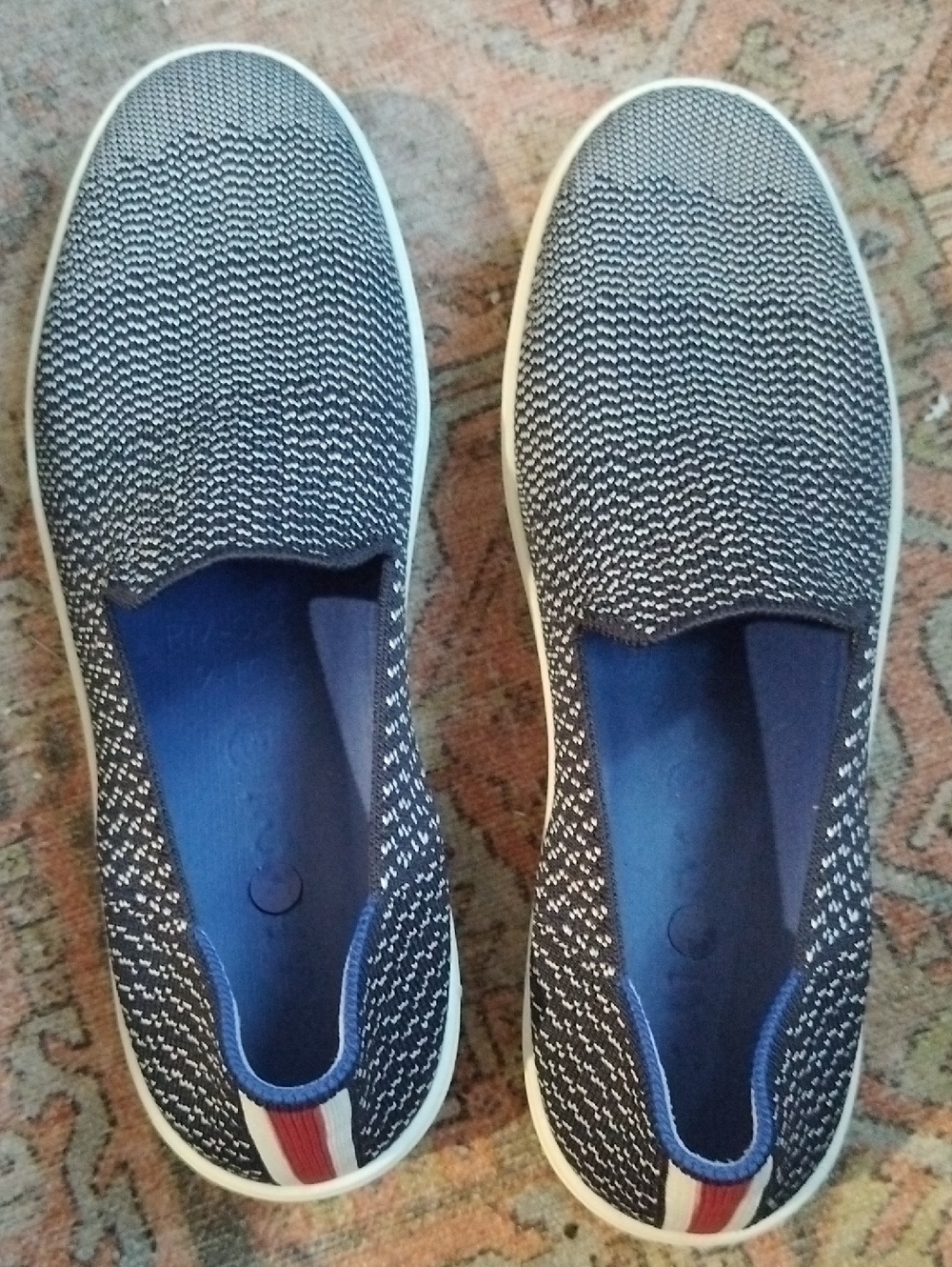 EUC Rothy's Gradient Navy and White Knit Slip-On Sneakers Red Stripe Detail - 10 - Picture 4 of 8